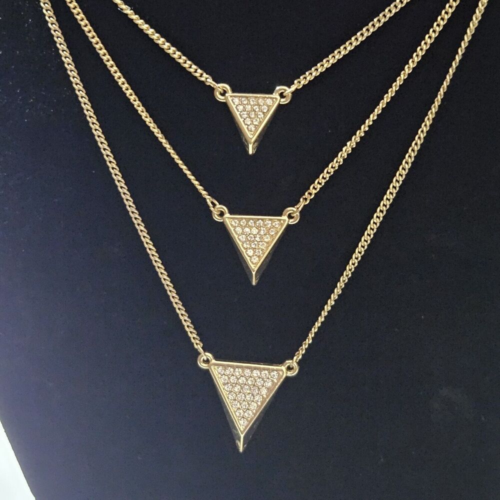 Express Gold Tone Layered Triangular Rhinestone Triple Pendant Necklace
